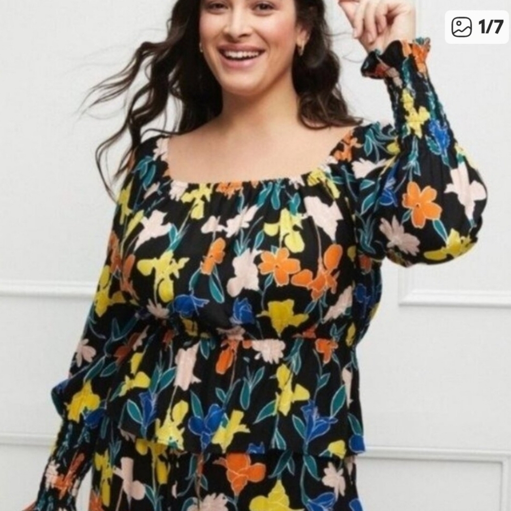 Eloquii Elements Floral Peplum Blouse Smocked Wrist Long Sleeve Women Plus 18/20